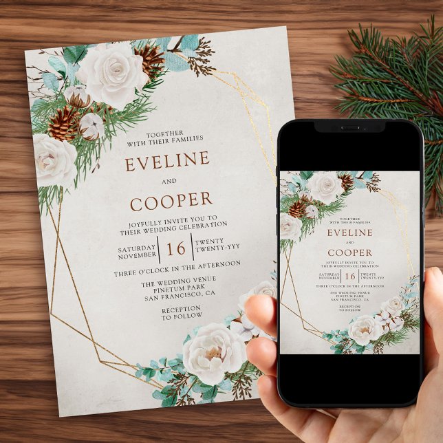 Winter Floral Watercolor White Rose Pine Wedding Invitation (Winter Wedding Invitation with Pine Eucalyptus and White Roses. Order Printed or Printable Download.)