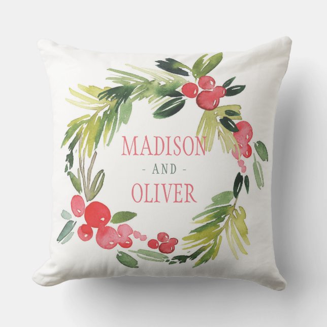 Winter Floral Watercolor Wreath  | Wedding Cushion (Front)