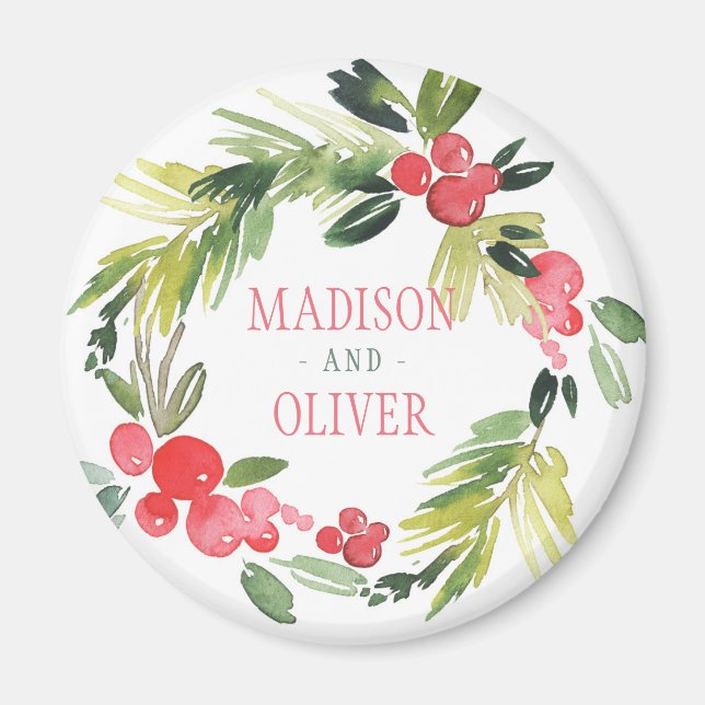 Winter Floral Watercolor Wreath  | Wedding Magnet (Front)
