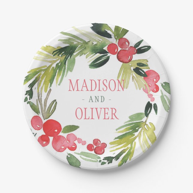 Winter Floral Watercolor Wreath  | Wedding Paper Plate (Front)
