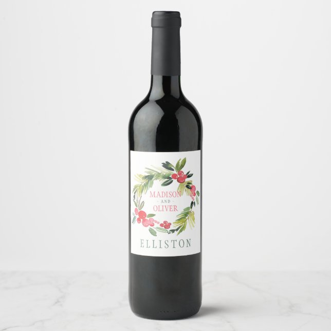 Winter Floral Watercolor Wreath  | Wedding Wine Label (Front)
