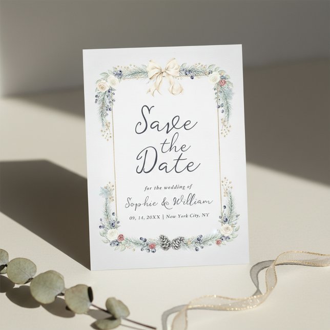 Winter Floral Wedding Flat Save The Date Card (Creator Uploaded)