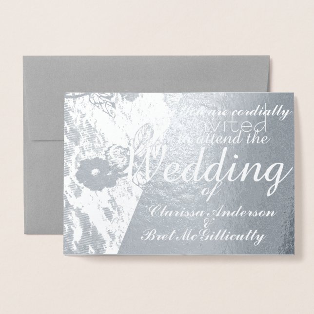 Winter Floral Wedding Foil Blk and White Photo Foil Card (Front With Envelope)