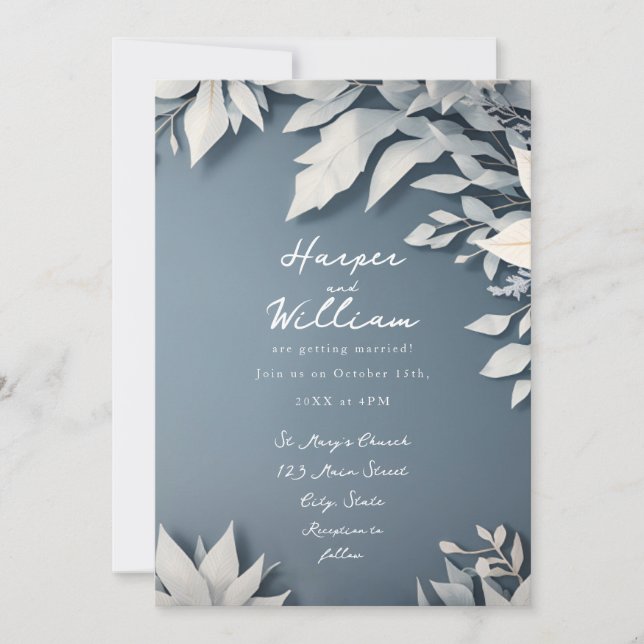 Winter floral white and blue wedding invitation (Front)
