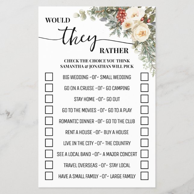 Winter Floral Would They Rather Shower Game Card (Front)