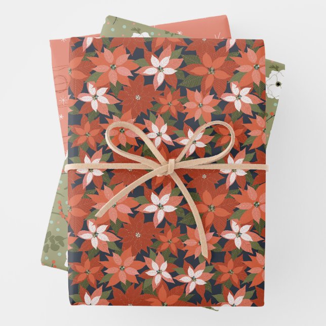 Winter Floral Wrapping Paper Flat Sheet Set of 3 (In situ)