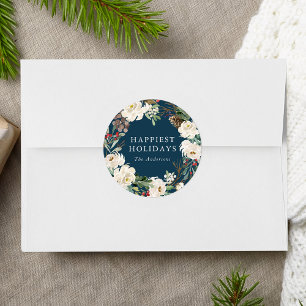 Winter Floral Wreath Navy Personalised Holiday Classic Round Sticker