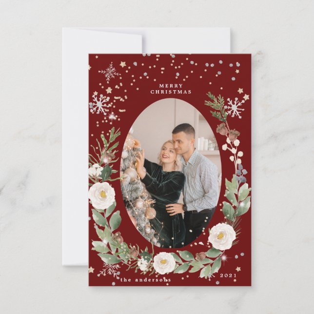 winter floral wreath photo happy holiday card (Front)