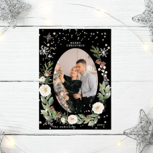 Winter Floral Wreath Photo Happy Holiday Card