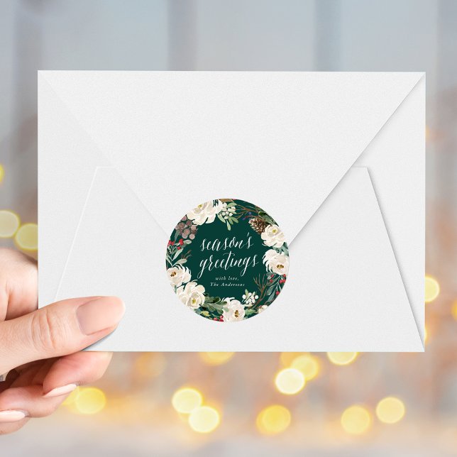 Winter Floral Wreath Season's Greeting Holiday Classic Round Sticker (Creator Uploaded)