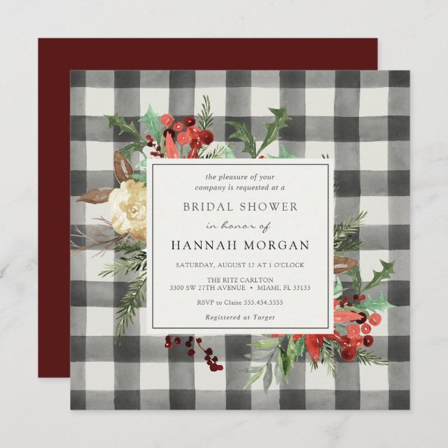 Winter Florals and Evergreen Plaid Bridal Shower Invitation (Front/Back)