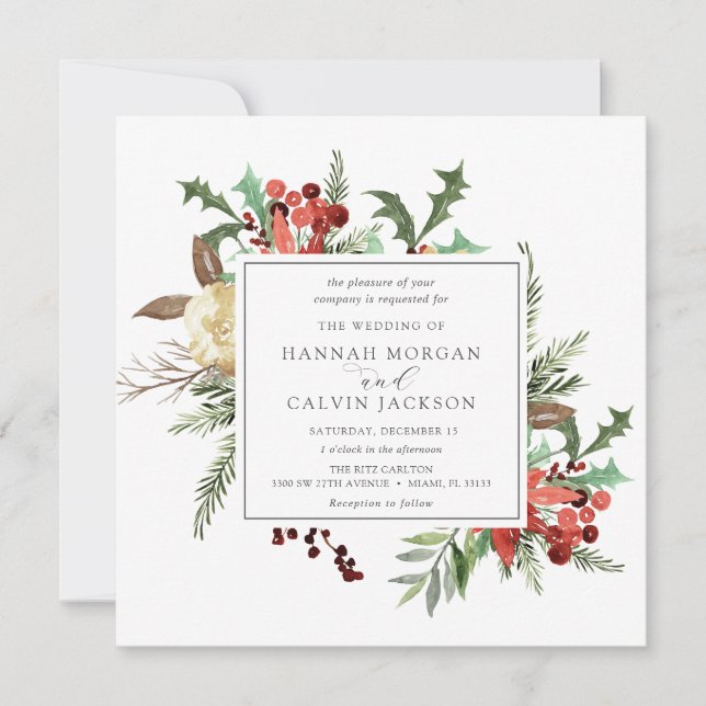 Winter Florals and Evergreen Wedding Invitation (Front)