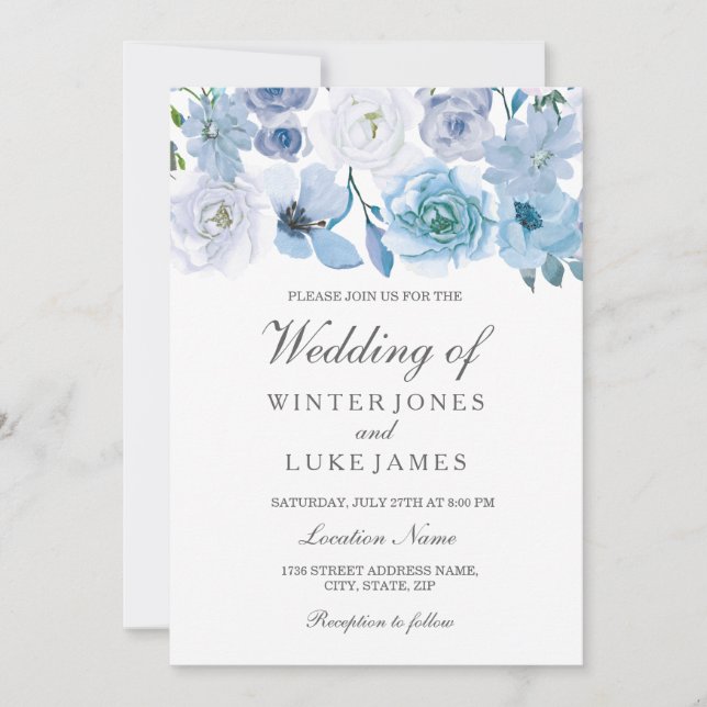 Winter Florals: Elegant Blue White Wedding Invite (Front)
