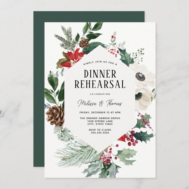 Winter Florals Greenery Wedding Dinner Rehearsal Invitation (Front/Back)