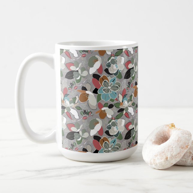 Winter Florals Grey Black Coffee Mug (With Donut)