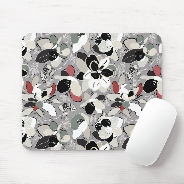 Winter Florals Grey Black Mouse Pad (With Mouse)