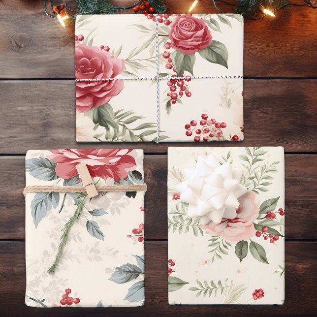 Winter Florals in Pink Red and White, Christmas  Wrapping Paper Sheet (Creator Uploaded)
