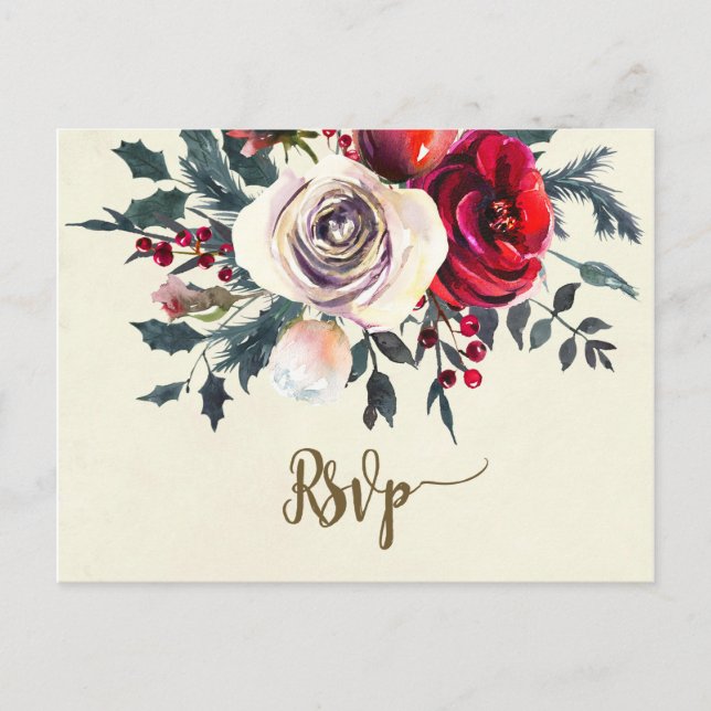 winter florals wedding rsvp postcard (Front)