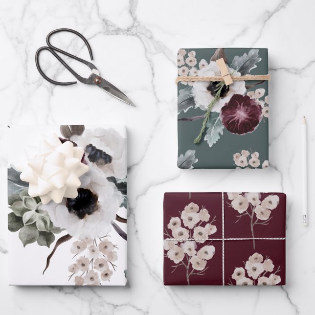 Winter Florals Wrapping Paper Flat Sheet Set of 3 (Front)