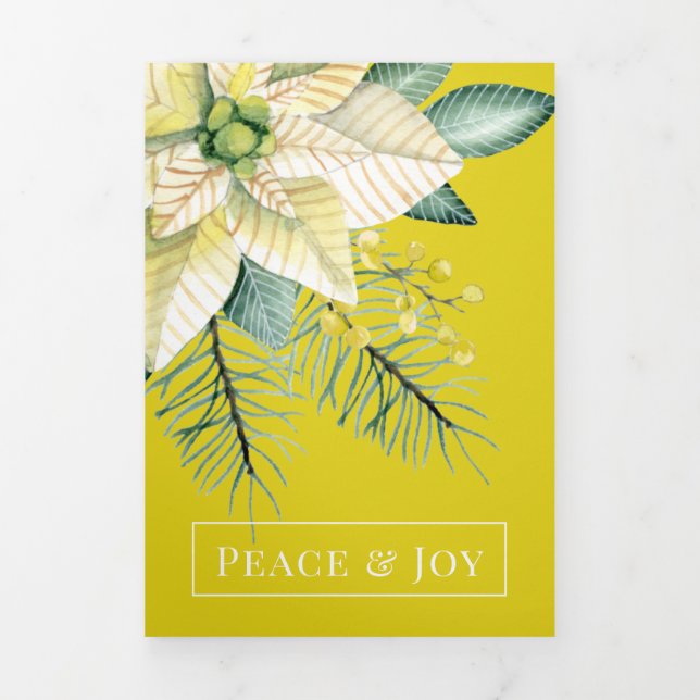 Winter Flower Peace And Joy Elegant Christmas Tri-Fold Holiday Card (Cover)