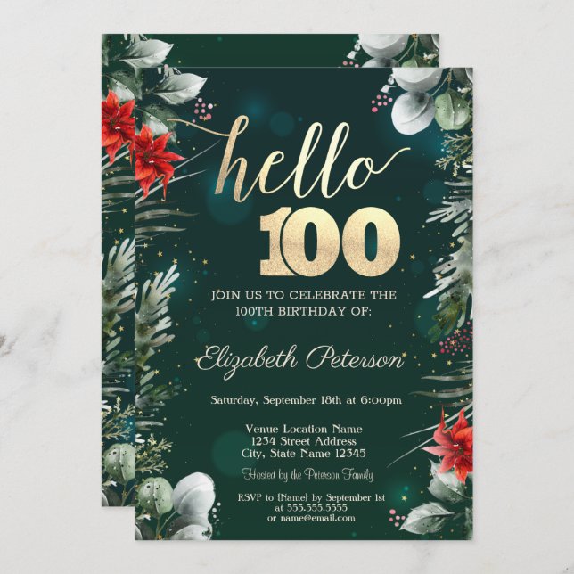 Winter Flower Poinsettia Green 100th Birthday Invitation (Front/Back)