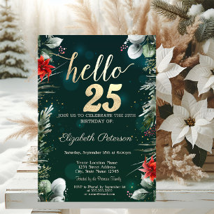 Winter Flower Poinsettia Green 25th Birthday Invitation
