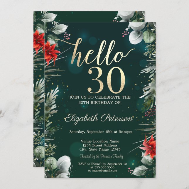 Winter Flower Poinsettia Green 30th Birthday Invitation (Front/Back)
