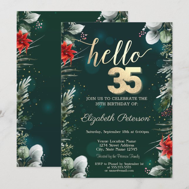 Winter Flower Poinsettia Green 35th Birthday Invitation (Front/Back)