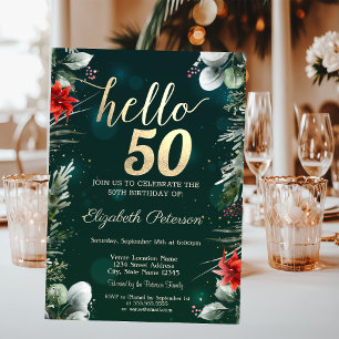 Winter Flower Poinsettia Green 50th Birthday Invitation