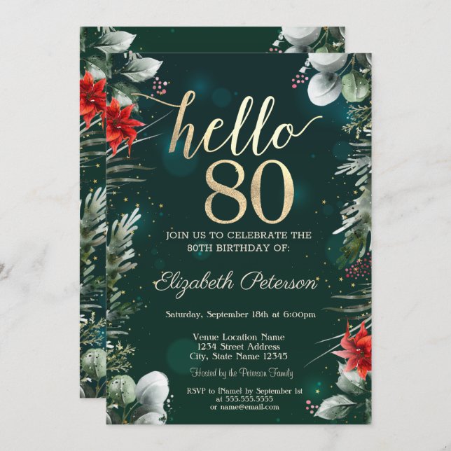 Winter Flower Poinsettia Green 80th Birthday Invitation (Front/Back)
