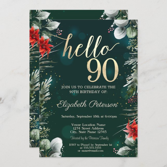 Winter Flower Poinsettia Green 90th Birthday Invitation (Front/Back)