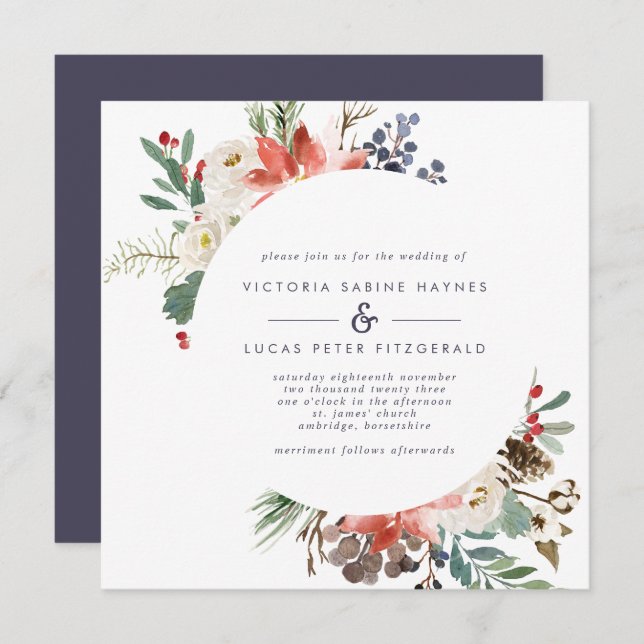 Winter Flowers and Berries Red and Navy Wedding Invitation (Front/Back)