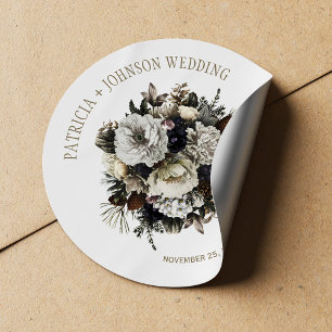 Winter flowers bouquet elegant chic wedding classic round sticker