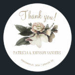 Winter flowers bouquet wedding thank you classic round sticker<br><div class="desc">Editable text wedding thank you favour sticker featuring a beautiful winter seasonal peony roses bouquet with foliage.               Easy to personalise with bride's and groom's names and wedding details!            Could be used as envelope seal or favour packaging.             For related items please see the whole collection under the main image.</div>