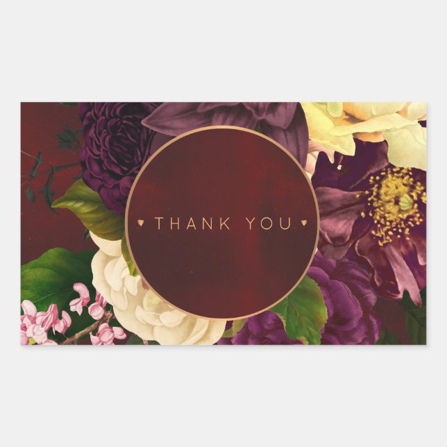 Winter flowers burgundy gold wedding thank you rectangular sticker (Front)