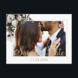 Winter flowers chic PHOTO save the date wedding Announcement Postcard<br><div class="desc">Winter white and ivory cream peonies bouquet with dark hunter green seasonal foliage photo save the date wedding postcard.           Personalise it with your image,  names and text on both sides!             For related items please see the whole collection under the main image.</div>