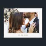 Winter flowers chic PHOTO save the date wedding Announcement Postcard<br><div class="desc">Winter white and ivory cream peonies bouquet with dark hunter green seasonal foliage photo save the date wedding postcard.           Personalise it with your image,  names and text on both sides!             For related items please see the whole collection under the main image.</div>