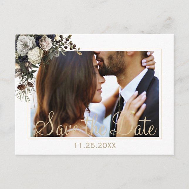 Winter flowers chic PHOTO save the date wedding Announcement Postcard (Front)