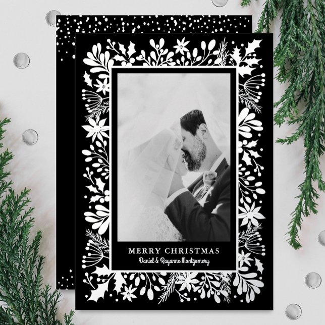 Winter Flowers Christmas Photo (Winter floral border Merry Christmas photo holiday cards with real silver foil on black)