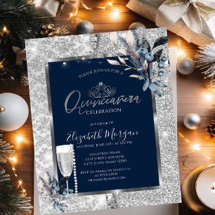 Winter Flowers,Glass Pearls Blue Quinceanera Invitation