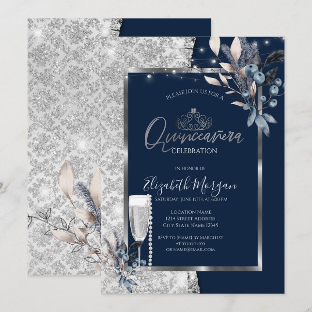Winter Flowers,Glass Pearls Navy Blue Quinceanera Invitation (Front/Back)