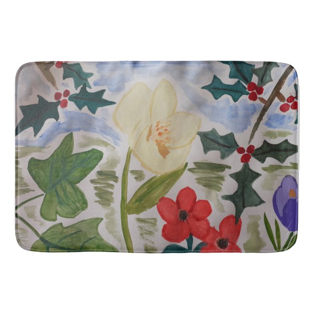 Winter Flowers & Holly Bath Mat (Front)