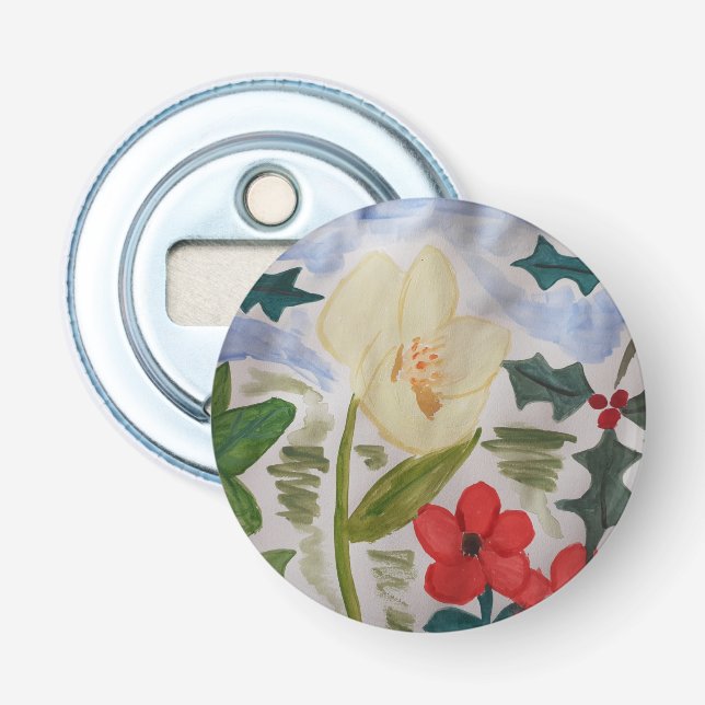 Winter Flowers & Holly Bottle Opener (Front)