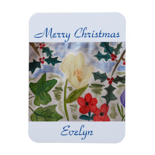 Winter Flowers & Holly Christmas Magnet