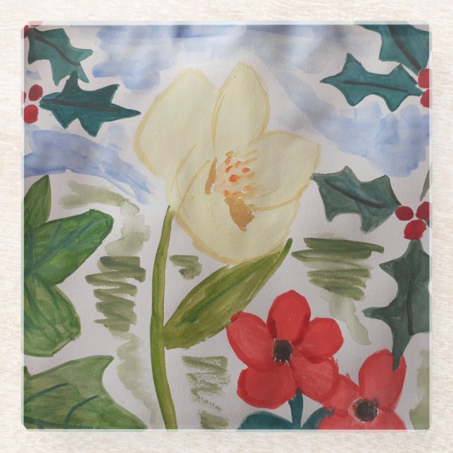 Winter Flowers & Holly  Glass Coaster (Front)