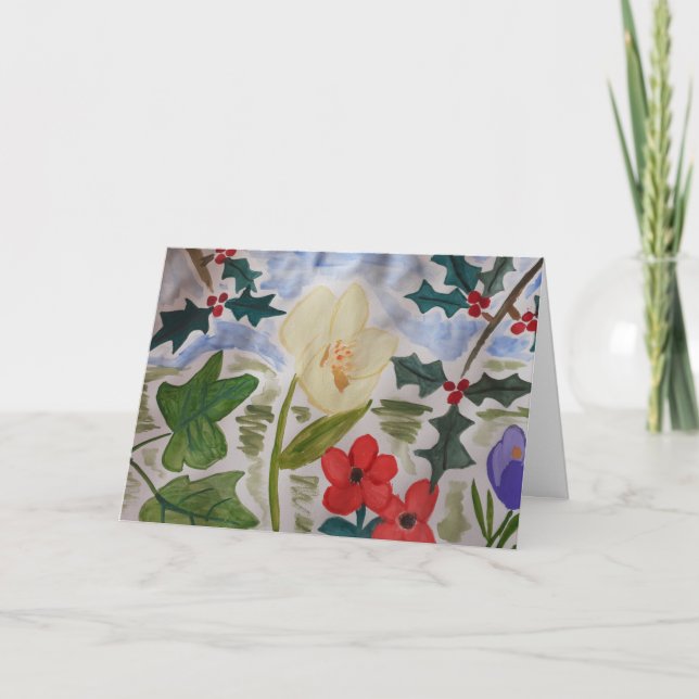 Winter Flowers & Holly Holiday Card (Front)