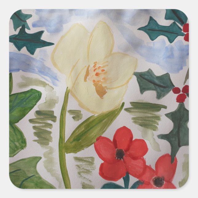 Winter Flowers & Holly Square Sticker (Front)