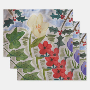 Winter Flowers & Holly Wrapping Paper Sheet