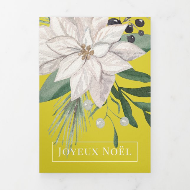 Winter Flowers Joyeux Noël Elegant Christmas Tri-Fold Holiday Card (Cover)