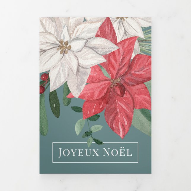 Winter Flowers Joyeux Noël Elegant Christmas Tri-Fold Holiday Card (Cover)